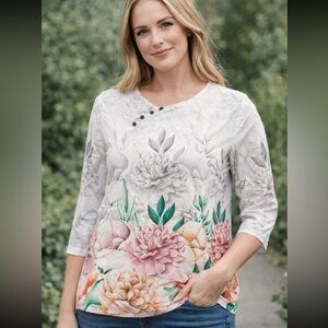 Floral Print Women's Top - White and Pink Plus size 1X